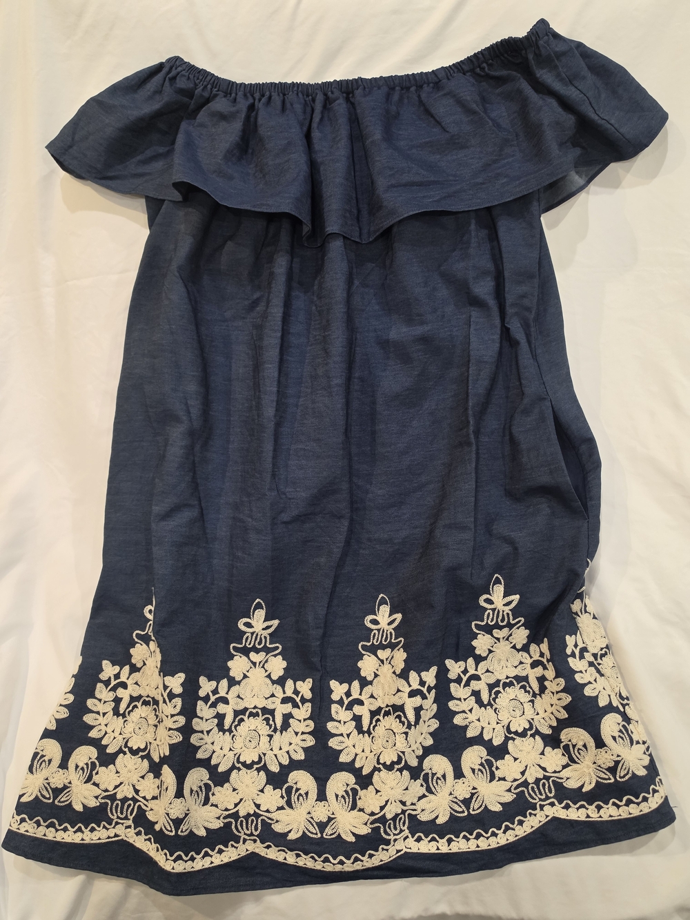 Girls Off-Shoulder Navy Dress with Cream Embroidery